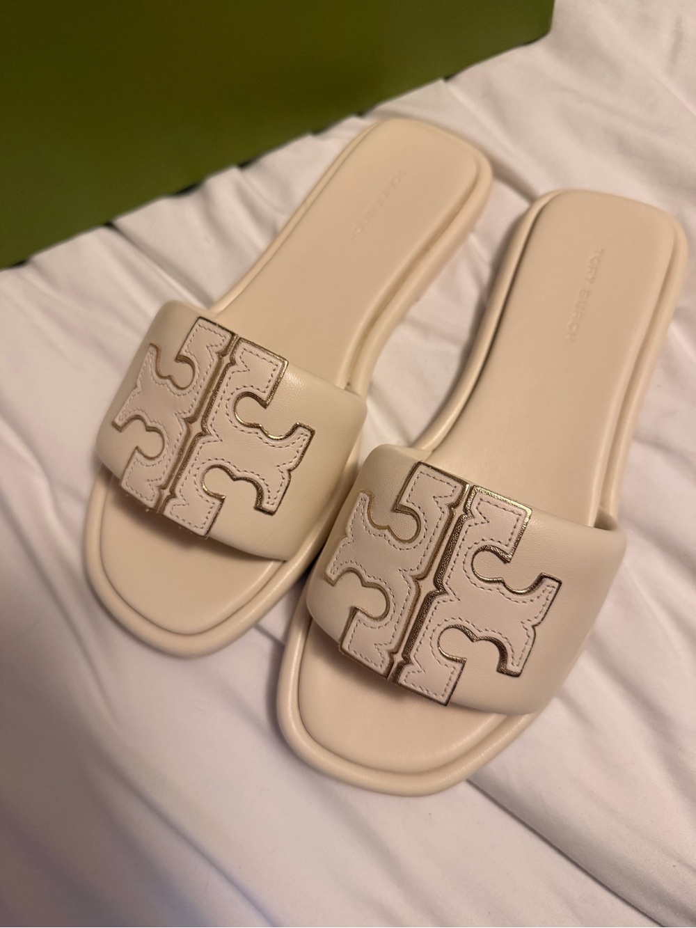 Tory Burch Cream Leather Logo Slide Sandals - Picture 2 of 5